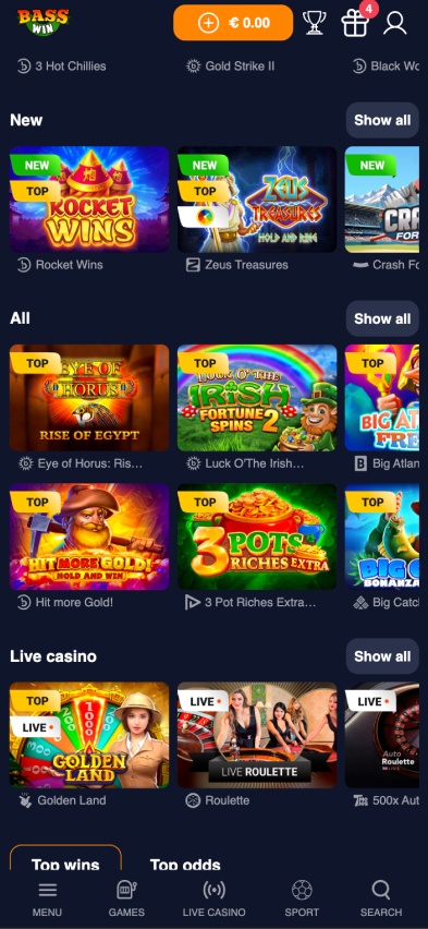 BassWin casino sections